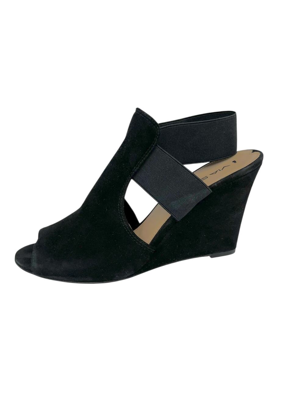 Via Spiga Black Suede Slingback Wedge Heels 7M Elastic Sides Open Toe Chic